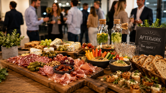 Afterwork d’entreprise avec planches, fromages et boissons sans alcool