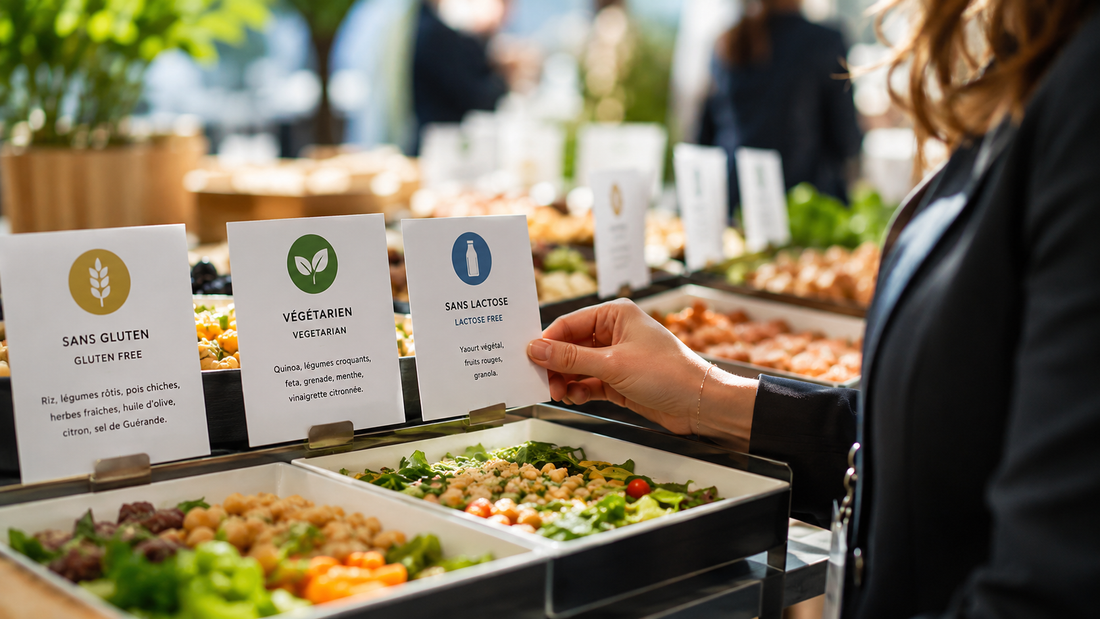 Étiquetage des allergènes sur des plateaux repas entreprise pour garantir la sécurité alimentaire.