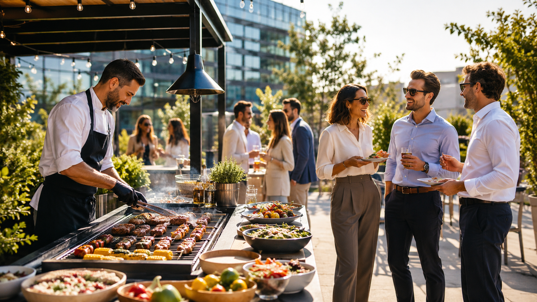 Barbecue d’entreprise avec manager et collaborateurs en terrasse
