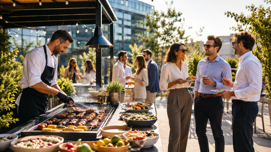 Barbecue d’entreprise avec manager et collaborateurs en terrasse