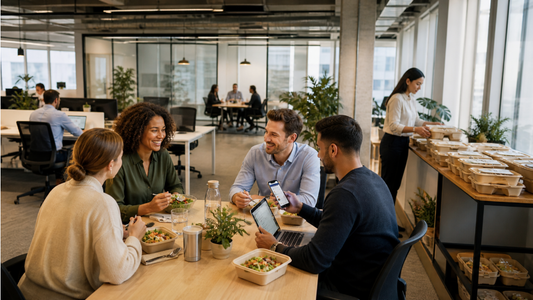 Equipe au bureau utilisant une cantine digitale en travail hybride