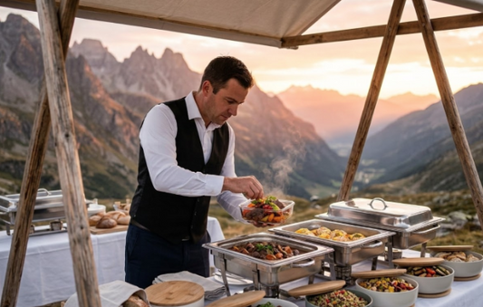Équipe de production partageant un moment de convivialité autour d'un déjeuner traiteur artisanal lors d'une tournée événementielle.