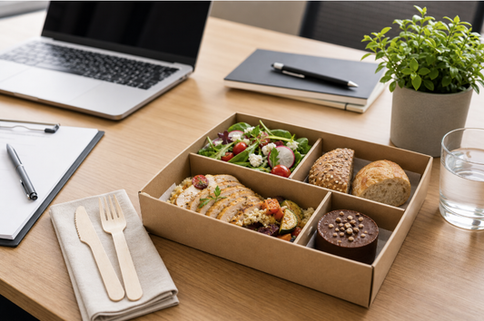 Plateau-repas d’entreprise sur table de réunion avec ordinateur
