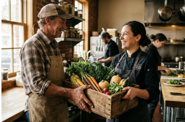 Un producteur local transmet des légumes de saison à un chef pour une restauration d'entreprise durable