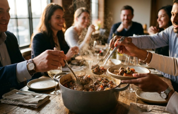 Photographie d'une cocotte généreuse et fumante attirant les collaborateurs lors d'un déjeuner de séminaire d'entreprise convivial