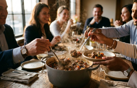 Photographie d'une cocotte généreuse et fumante attirant les collaborateurs lors d'un déjeuner de séminaire d'entreprise convivial