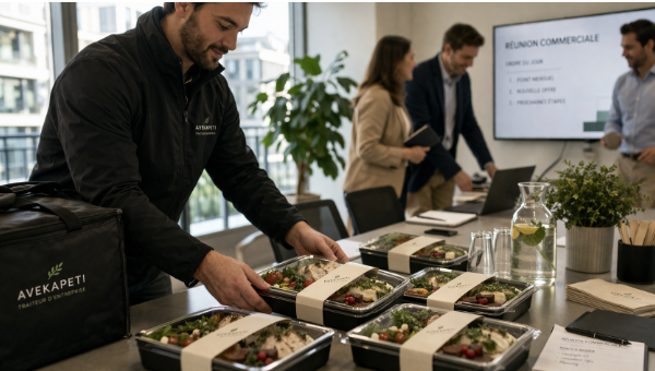 Livraison de plateaux-repas en entreprise avec repas prêts à déguster en réunion