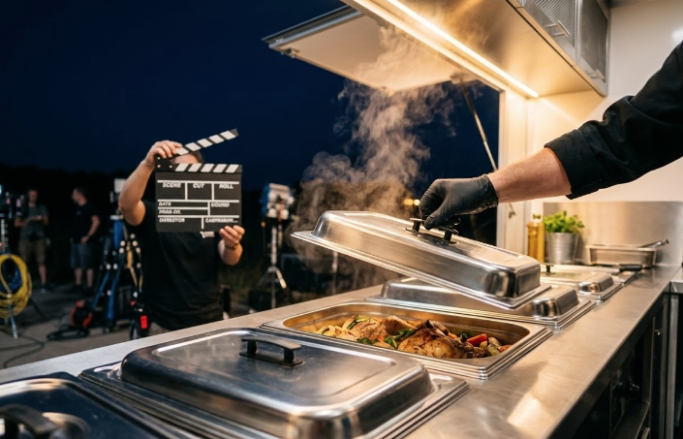 Un buffet chaud de catering prêt à être servi sur un plateau de cinéma de nuit.