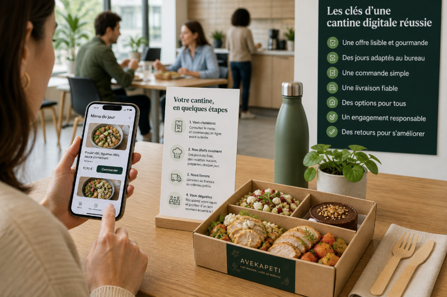Commande de cantine digitale avec plateau-repas au bureau 