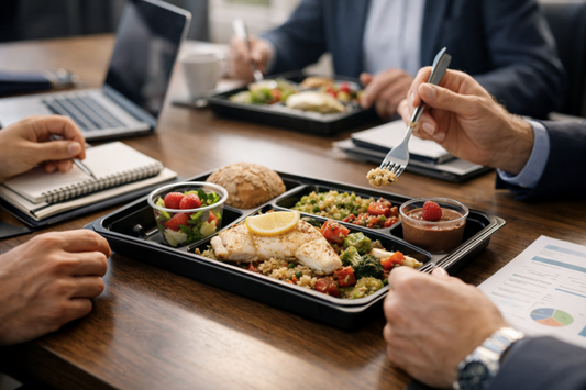 Pause déjeuner avec plateau-repas lors d’une réunion d’entreprise autour d’une table de travail