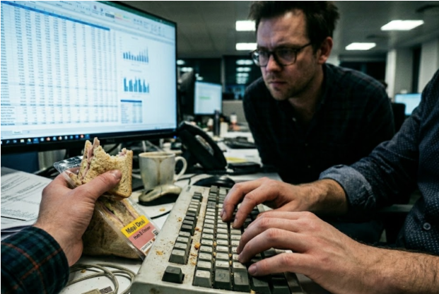 Illustration de la fatigue mentale ressentie par un salarié stressé mangeant un sandwich industriel devant son écran d'ordinateur 
