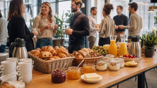 Petit-déjeuner d’entreprise convivial avec viennoiseries et café