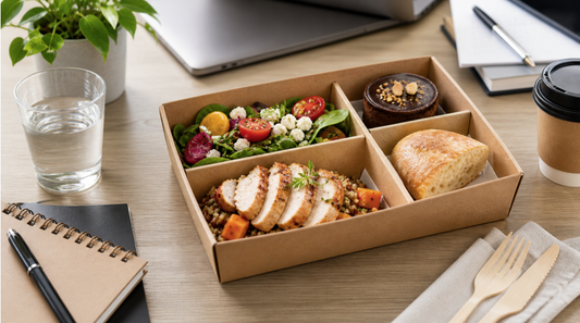 Plateau-repas entreprise livré au bureau pour un déjeuner professionnel