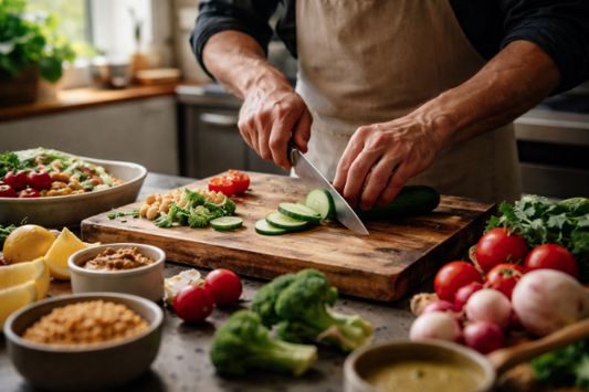 Préparation artisanale d’un plateau-repas entreprise écoresponsable par un chef traiteur AVEKAPETI