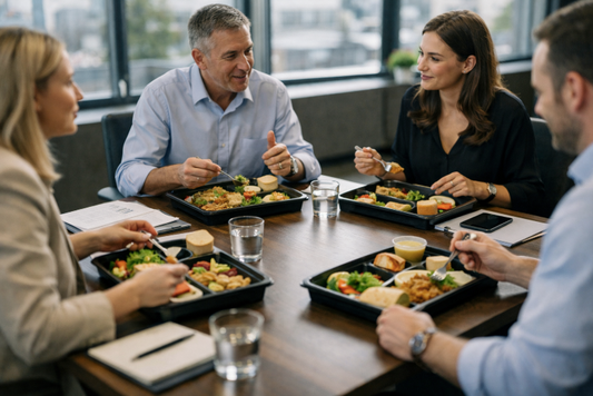  Plateau-repas d’entreprise servi lors d’une réunion professionnelle au bureau