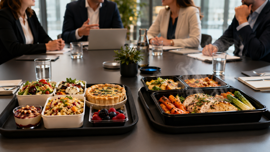 Plateaux repas chauds et froids servis pendant une réunion d’entreprise