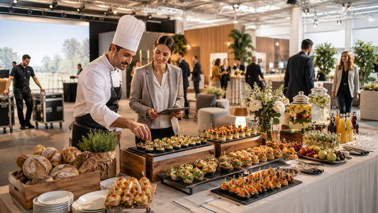 Buffet traiteur installé dans une salle événementielle professionnelle